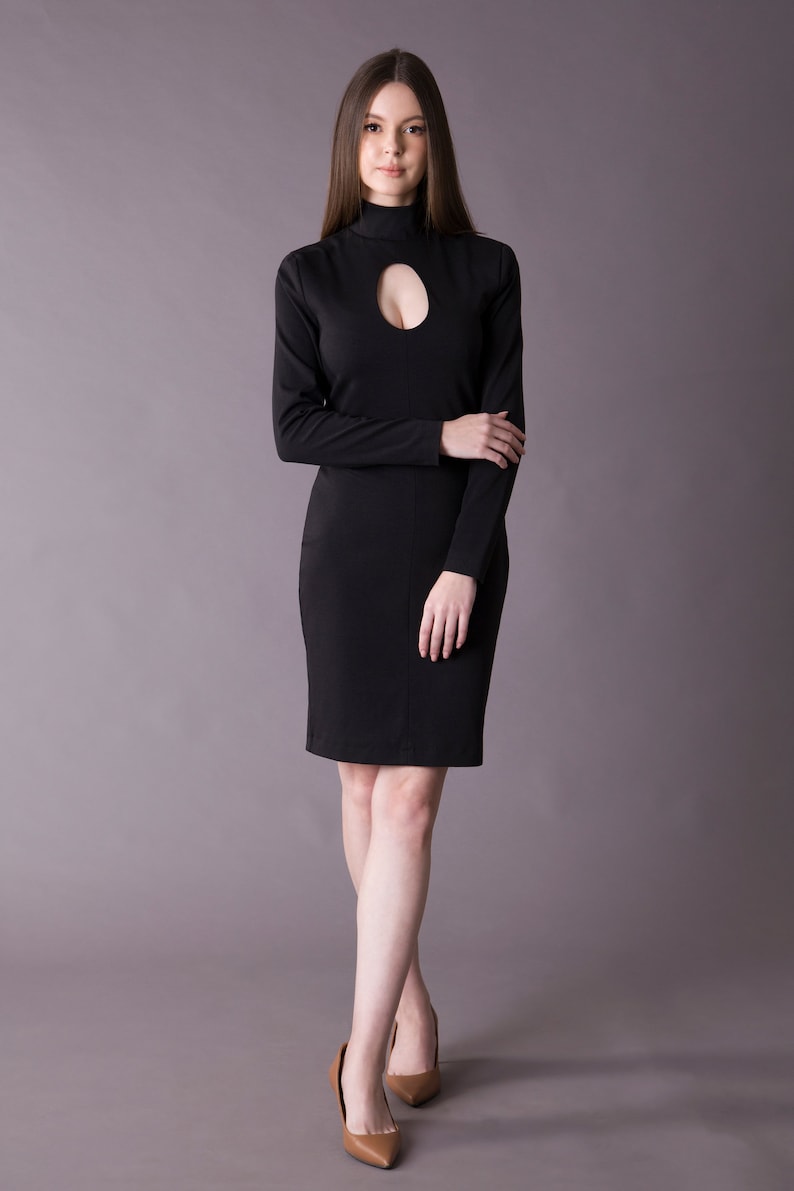 Black cut out turtleneck dress, Long sleeve bodycon mock neck dress, Open front Cut out midi dress, Going out dresses for women