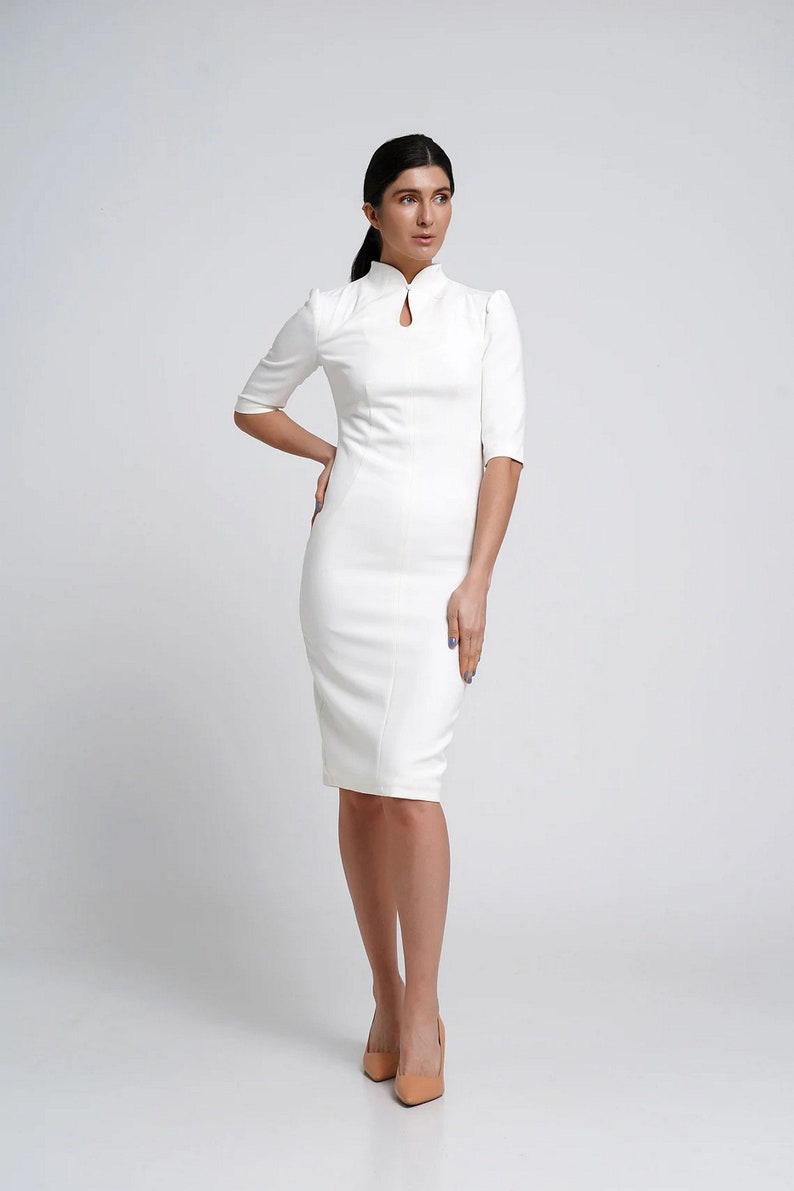 White Cheongsam Cocktail dress, High neck qipao chinese dresses for women, Pencil Asian Keyhole Wiggle dress, Mandarin Dres