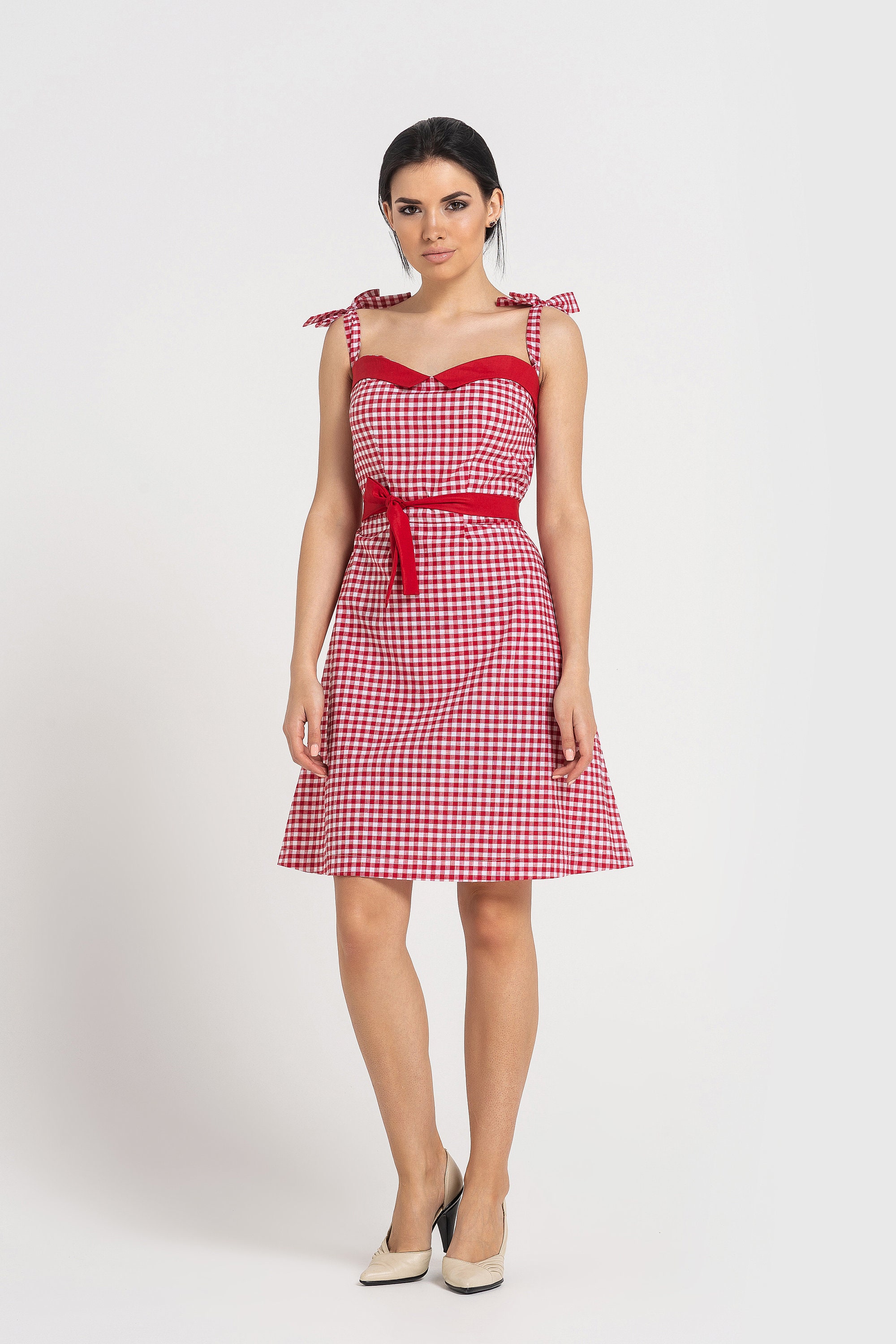 Plaid Peasant Sundress 50s Rockabilly Red Cotton Summer Etsy