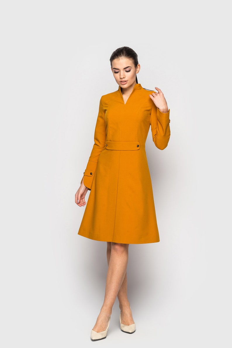 High neck cocktail structured dress Long sleeve office dresses for women Womens dresses for wedding guest Stand Collar midi dress TAVROVSKA image 8