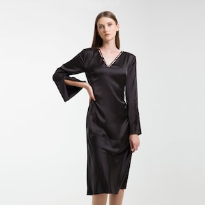 Black satin dress with sleeves, Elegant tea length cocktail dresses, Corporate party dress for wedding, Special Occasion dress TAVROVSKA