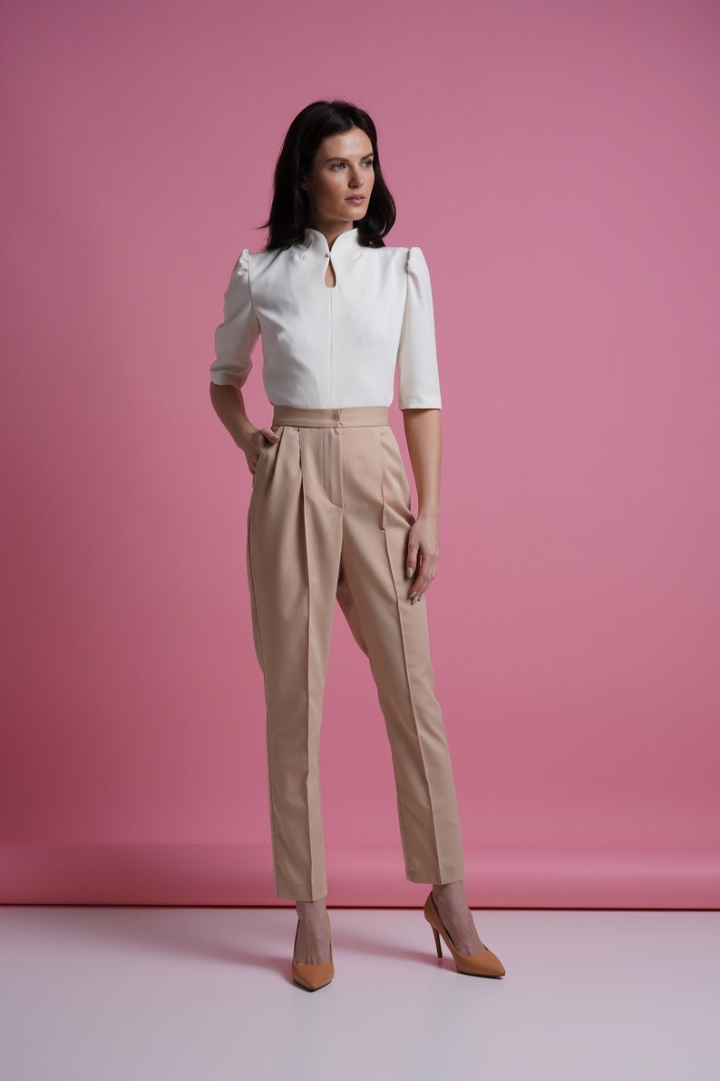 Mandarin collar blouse women, Qipao high neck blouse, Keyhole office shirt women, Fitted retro blouses, White elegant blouse