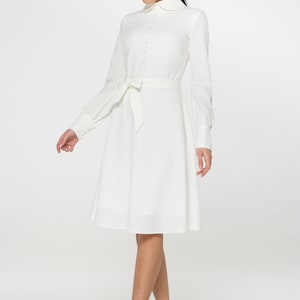 White midi dress long sleeve, High collar dress swing, Courthouse wedding dress, Casual civil wedding, Modest dresses for women