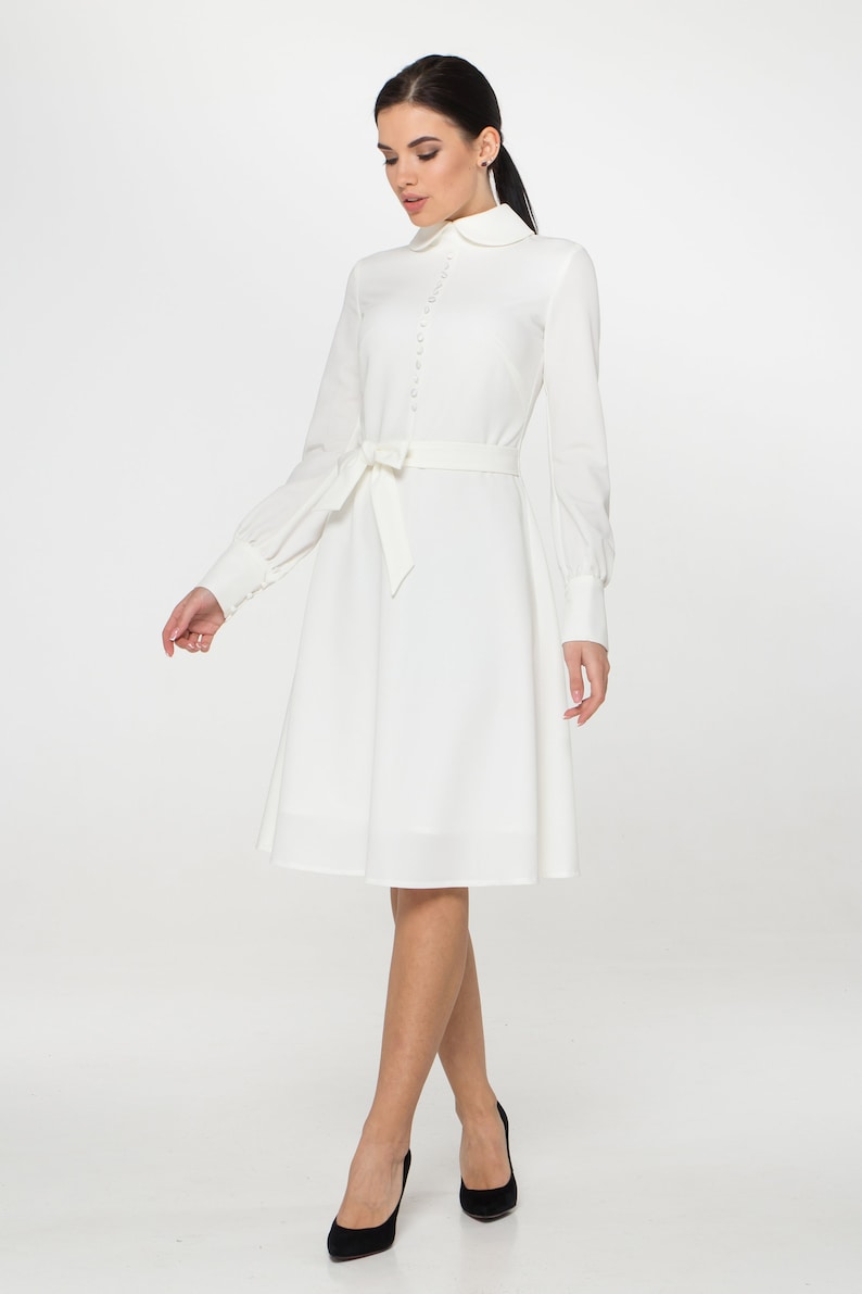 White midi dress long sleeve, High collar dress swing, Courthouse wedding dress, Casual civil wedding, Modest dresses for women