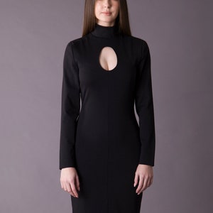 Black cut out turtleneck dress, Long sleeve bodycon mock neck dress, Open front Cut out midi dress, Going out dresses for women
