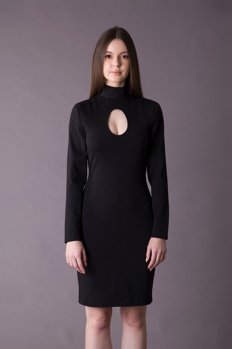 Black cut out turtleneck dress, Long sleeve bodycon mock neck dress, Open front Cut out midi dress, Going out dresses for women
