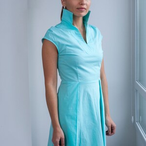 Stand-up collar shirt dress for women, Turquoise Blue pleated mini dress, Casual summer dress, Casual day dress Smart casual dress