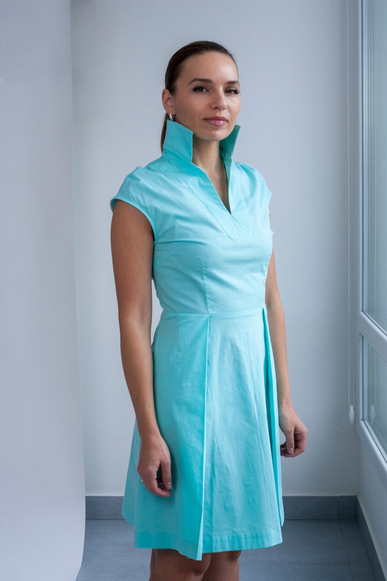 Stand-up collar shirt dress for women, Turquoise Blue pleated mini dress, Casual summer dress, Casual day dress Smart casual dress