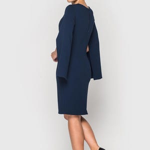 Elegant Navy Blue Cape Sleeve Dress, Midi Cocktail Dress for Women, Sheath Formal attire, Chic Evening Dress, Wedding guest outfit