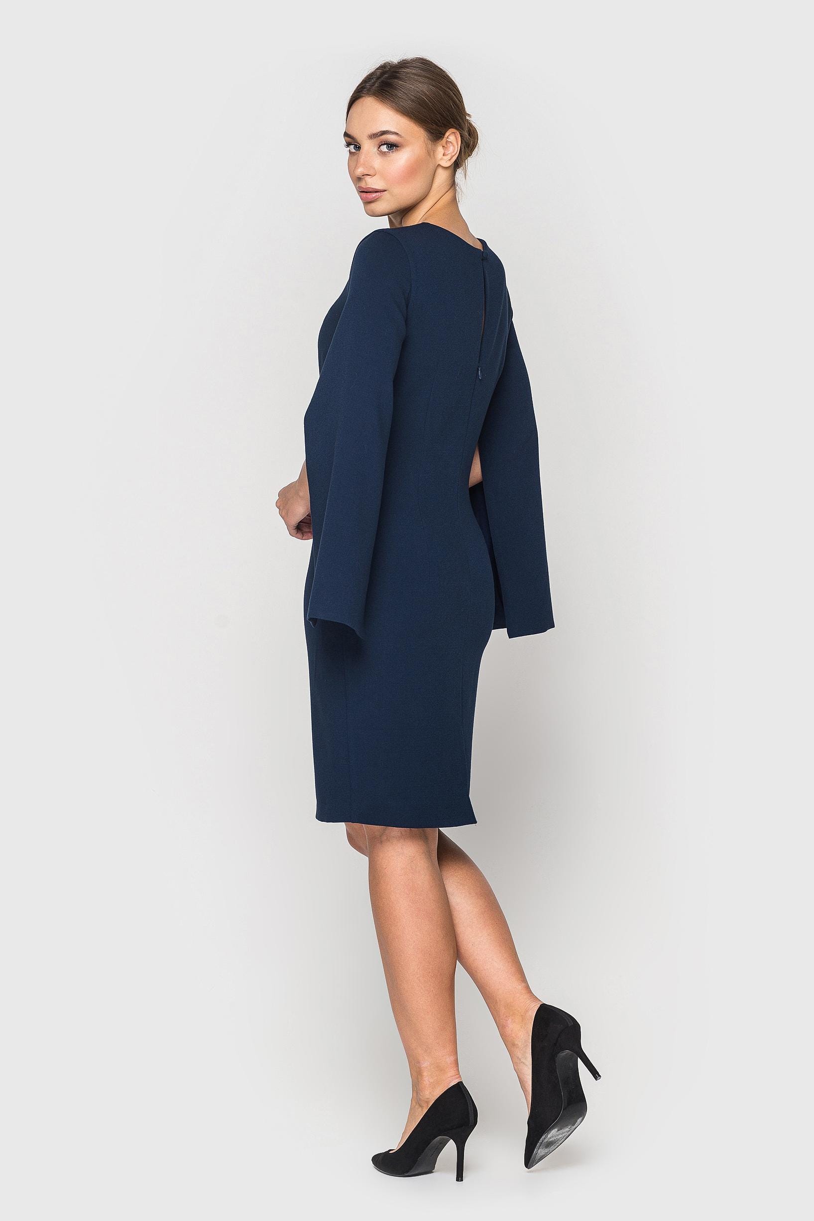 Navy Blue Cape Sleeve Midi Dress, Formal Cocktail Sheath