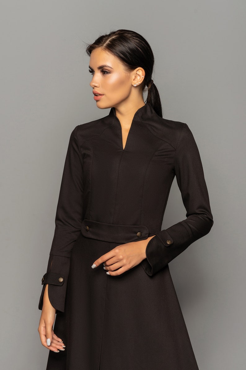 Black High Neck Midi Dress Women Long Sleeve Structured Etsy