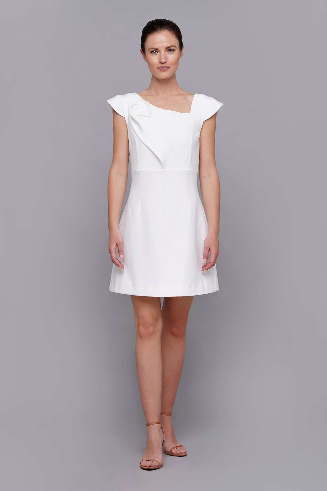 White Unique Cocktail Dress Designer Graduation Dress Mini Dress Draped Cap Sleeve Statement Dress Elegant Occasion Dress TAVROVSKA