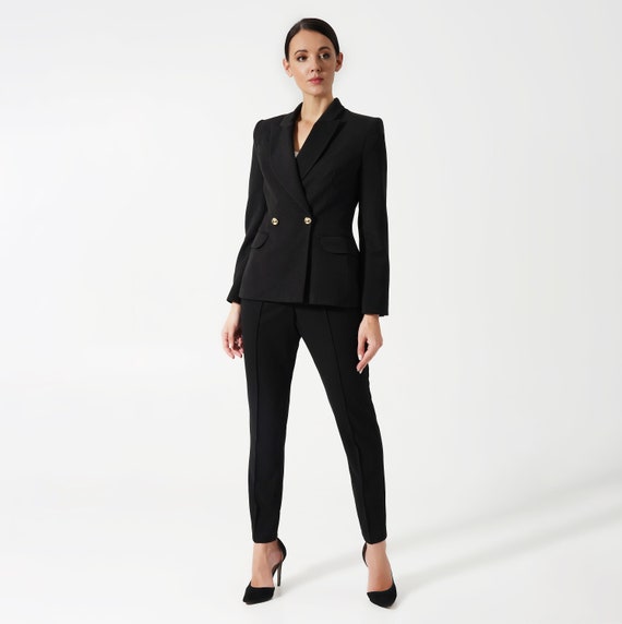 Schwarzer Hosenanzug Damen, Schwarzer Business Anzug für Damen, Klassische  Damen 3D 3D Jacke, Zweireihiger Blazer und schwarze Hose TAVEROVSKA -   Österreich