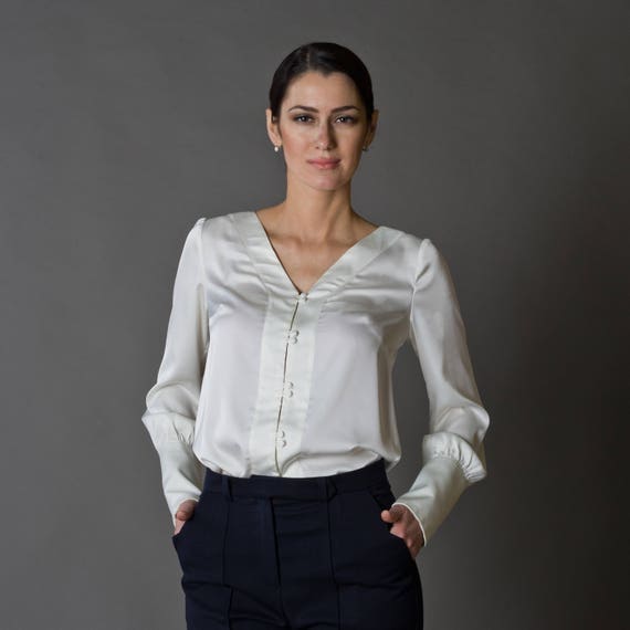 Sociología Experimentar En cantidad White Long Sleeve Blouse Silk Womens Blouses Button up - Etsy Sweden