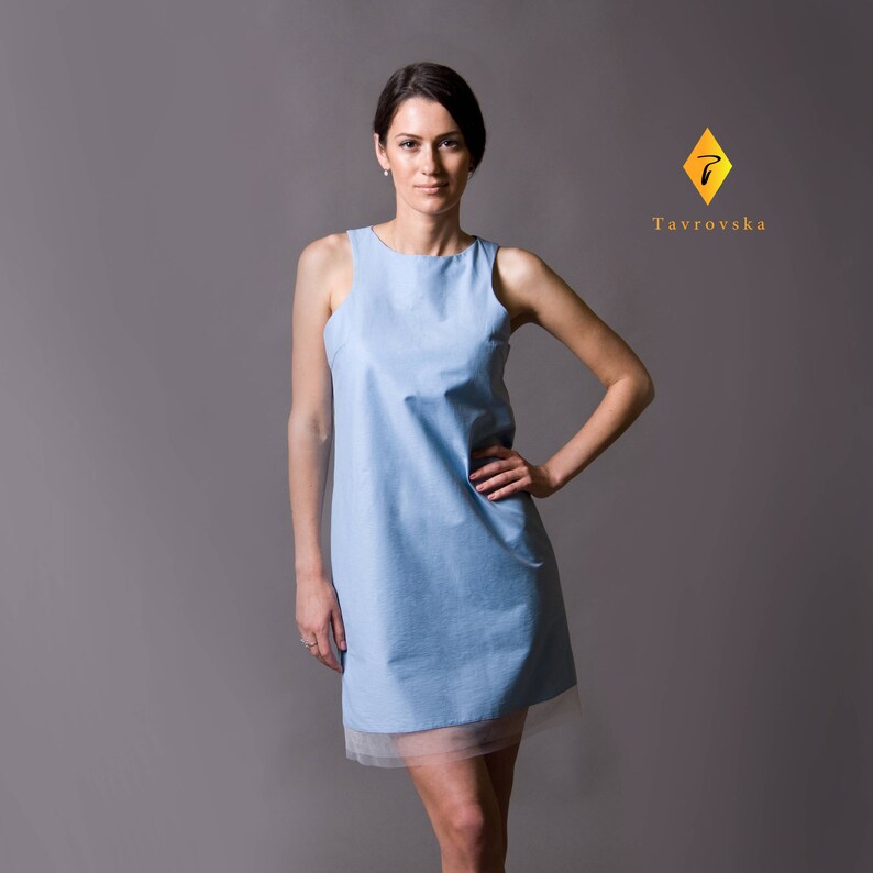 Blue cotton dress tulle bottom, Summer dresses for women, Halter Sundress, Shift vacation outfit, Minimalist Resort beach dress