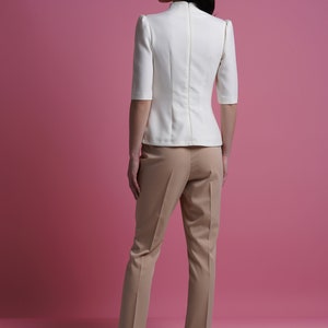 Mandarin collar blouse women, Qipao high neck blouse, Keyhole office shirt women, Fitted retro blouses, White elegant blouse