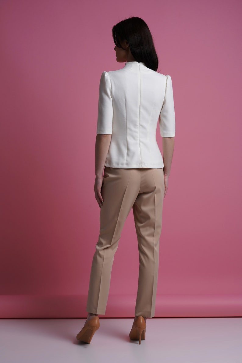Mandarin collar blouse women, Qipao high neck blouse, Keyhole office shirt women, Fitted retro blouses, White elegant blouse