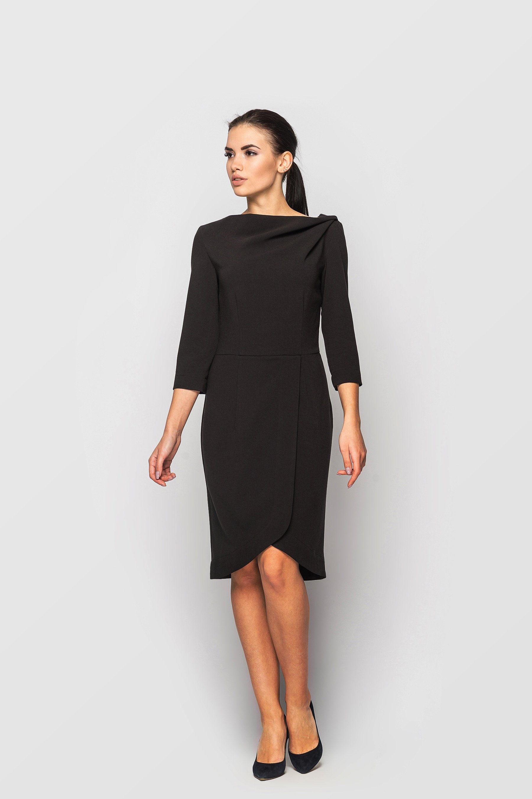 Asymmetric Cowl Neck Dress Cocktail Wrap Little Black Dress | Etsy