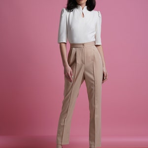 Mandarin collar blouse women, Qipao high neck blouse, Keyhole office shirt women, Fitted retro blouses, White elegant blouse