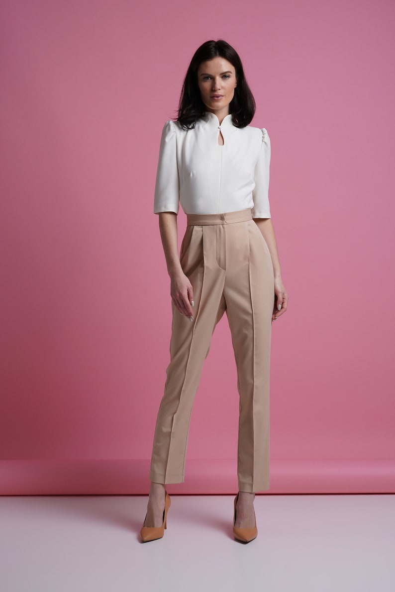 Mandarin collar blouse women, Qipao high neck blouse, Keyhole office shirt women, Fitted retro blouses, White elegant blouse