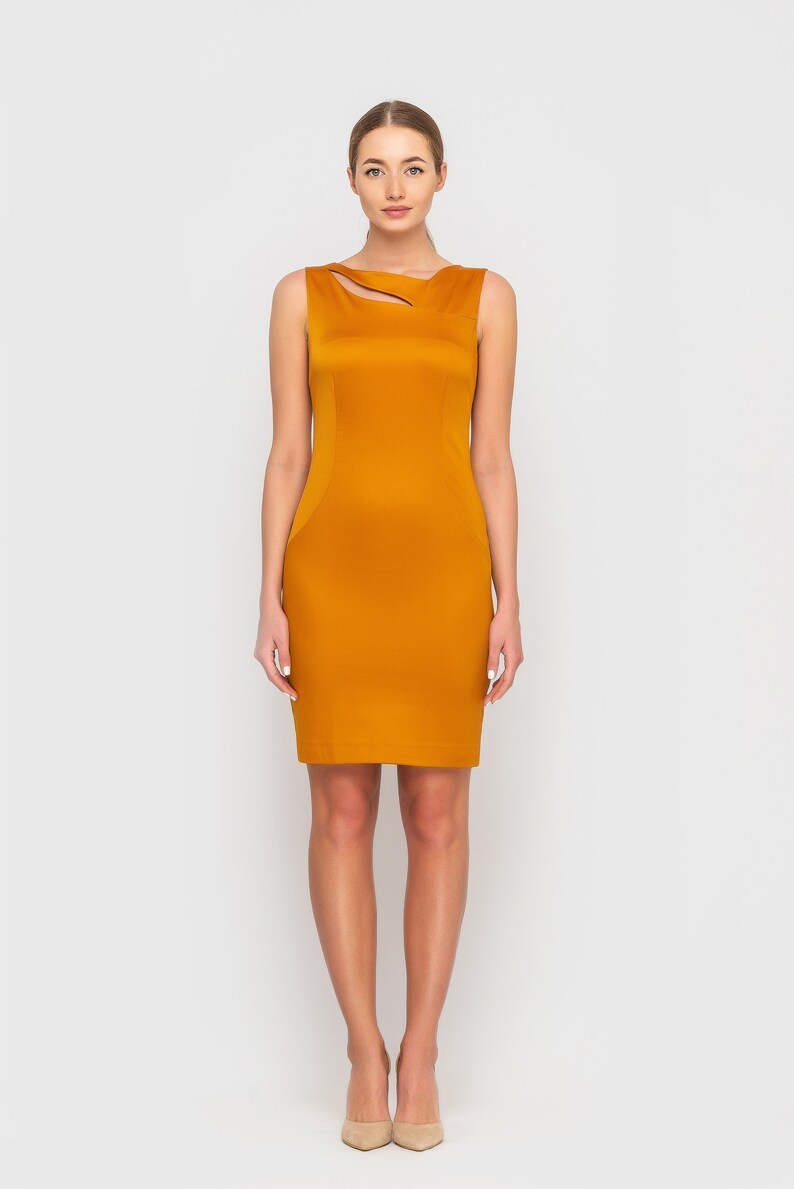 Yellow cutout midi sheath dress, Orange dresses for women, Cocktail Party Summer Dress, Wedding guest Sleeveless Pencil Dress TAVROVSKA image 3