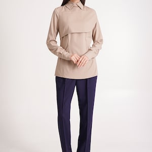 Beige High Neck Blouses For Women, Elegant Blouse Long Sleeve, Collared Blouse For Work, Cape blouse office Modern business attire