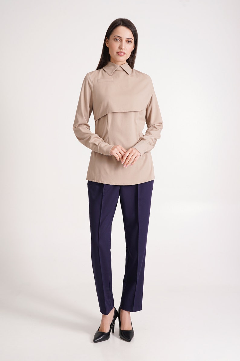 Beige High Neck Blouses For Women, Elegant Blouse Long Sleeve, Collared Blouse For Work, Cape blouse office Modern business attire