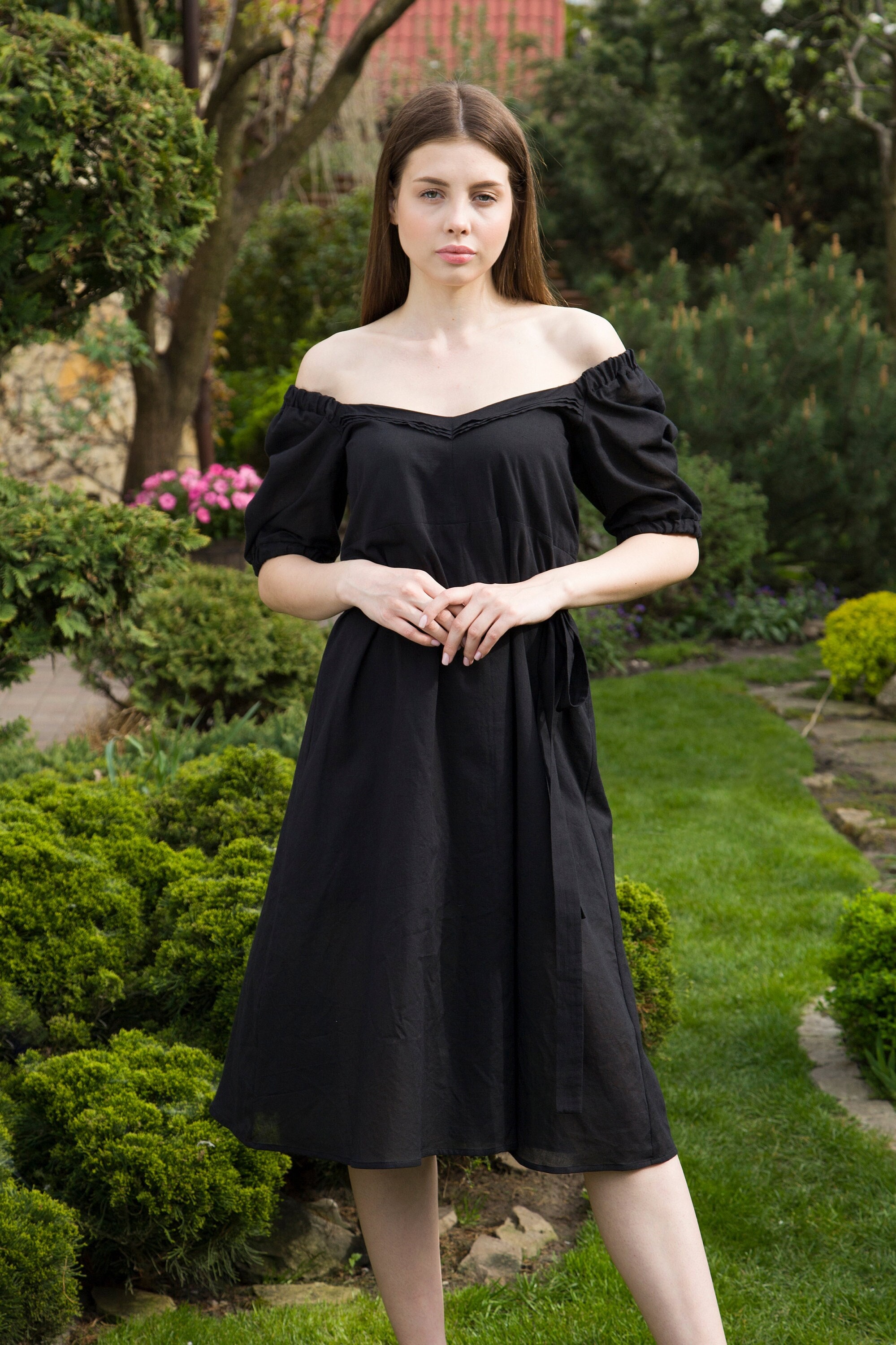 Black off Shoulder Dress Summer, Lightweight Voile Sundress, Puffy