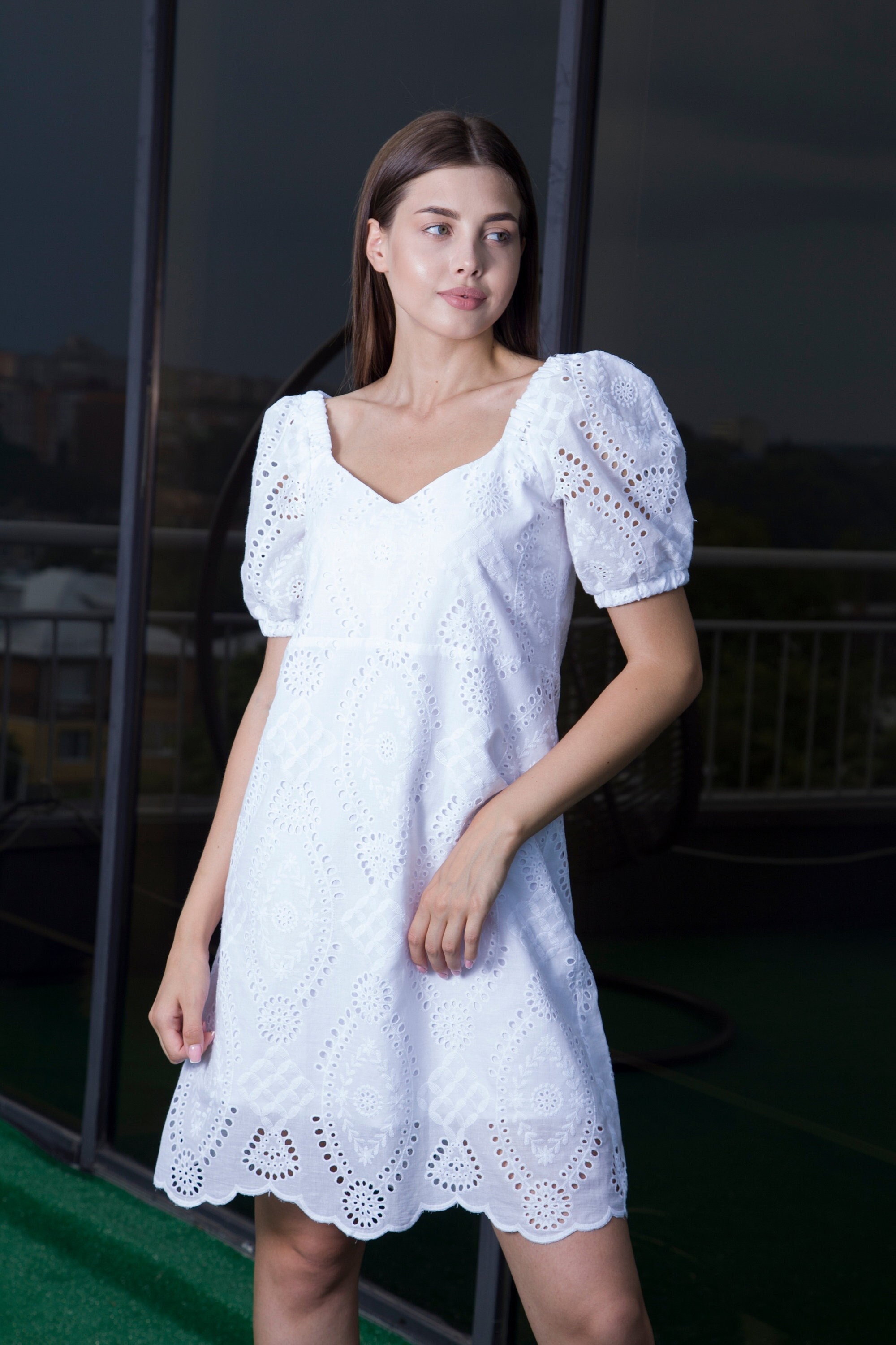 chiffon and scallop lace mini dress CUPSHE Women's Mini Dress Scalloped V Neck Lace Appliques Long Sleeve Loose  Fit A Line Casual Dress White at Amazon Women's Clothing store