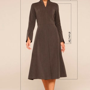 High Neck Long Sleeve Dress, Work dresses for women, Modest cocktail dress, Fit and flare dress mid calf, Business office dress