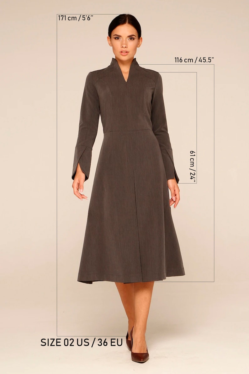 High Neck Long Sleeve Dress, Work dresses for women, Modest cocktail dress, Fit and flare dress mid calf, Business office dress