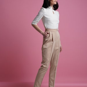 Mandarin collar blouse women, Qipao high neck blouse, Keyhole office shirt women, Fitted retro blouses, White elegant blouse