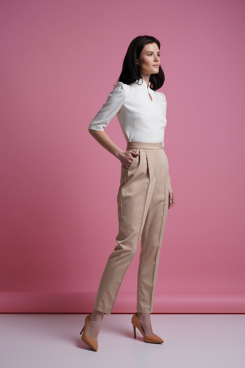 Mandarin collar blouse women, Qipao high neck blouse, Keyhole office shirt women, Fitted retro blouses, White elegant blouse