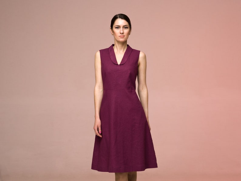 Purple Linen Dress sleeveless, Shawl collar summer dress for wedding guest, Midi dresses for women, Fit and flare dress pockets