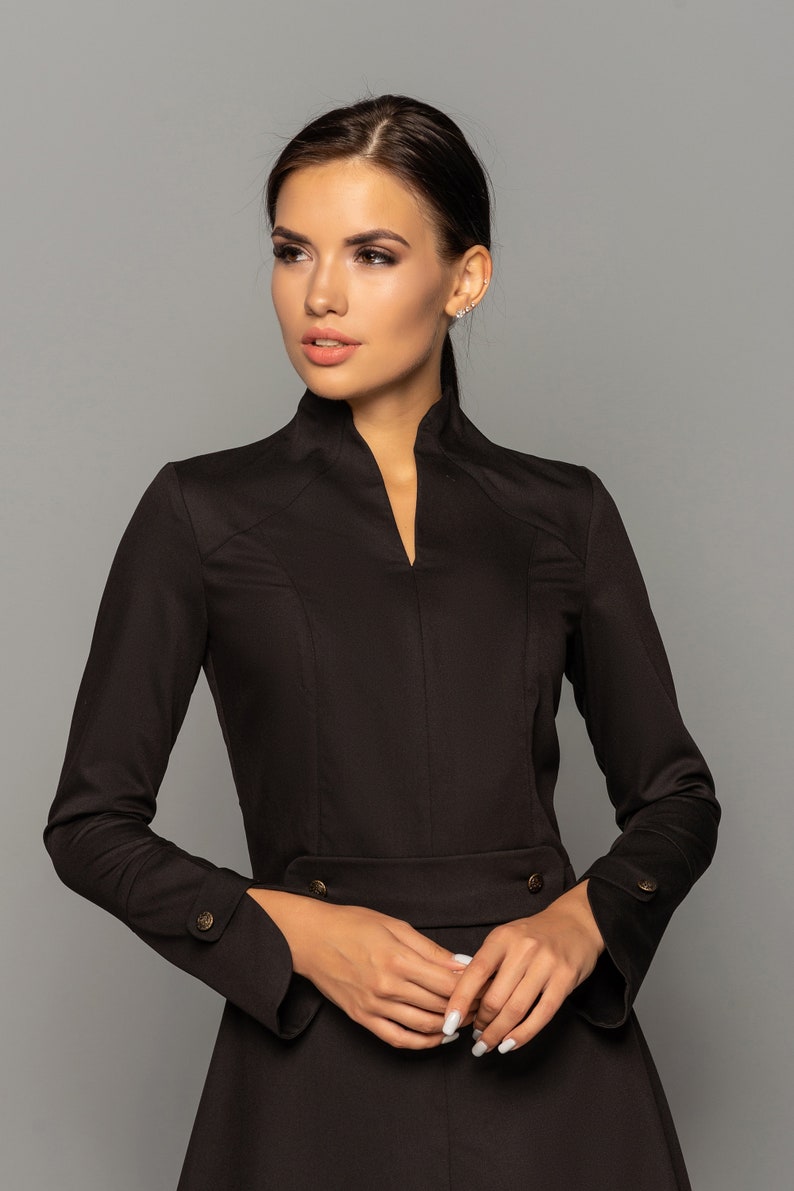 Black High Neck Midi Dress Women Long Sleeve Structured Etsy