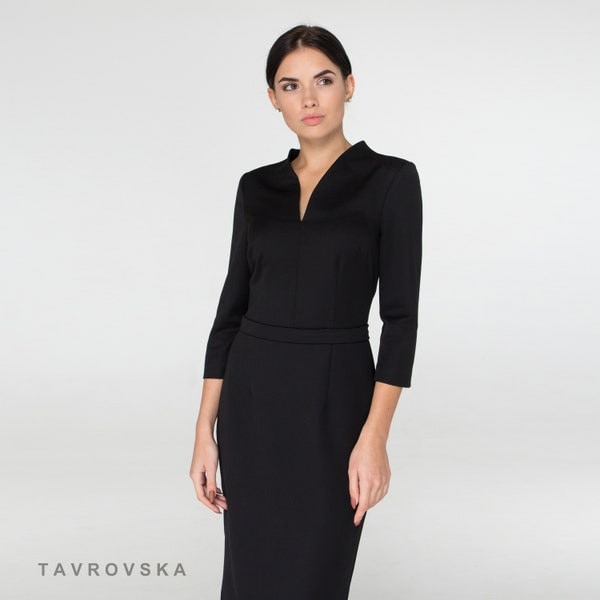 Schwarzes Midikleid, Arbeitskleid für Frauen, Bescheidenes Cocktailhochzeitskleid, Modernes Bürokleid, Geschäftsprofessionelles Kleid TAVEROVSKA