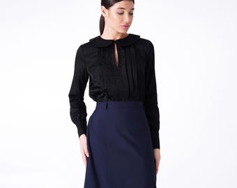 Black Peter Pan Collar Blouse, Long Sleeve Pleated Front Office Top