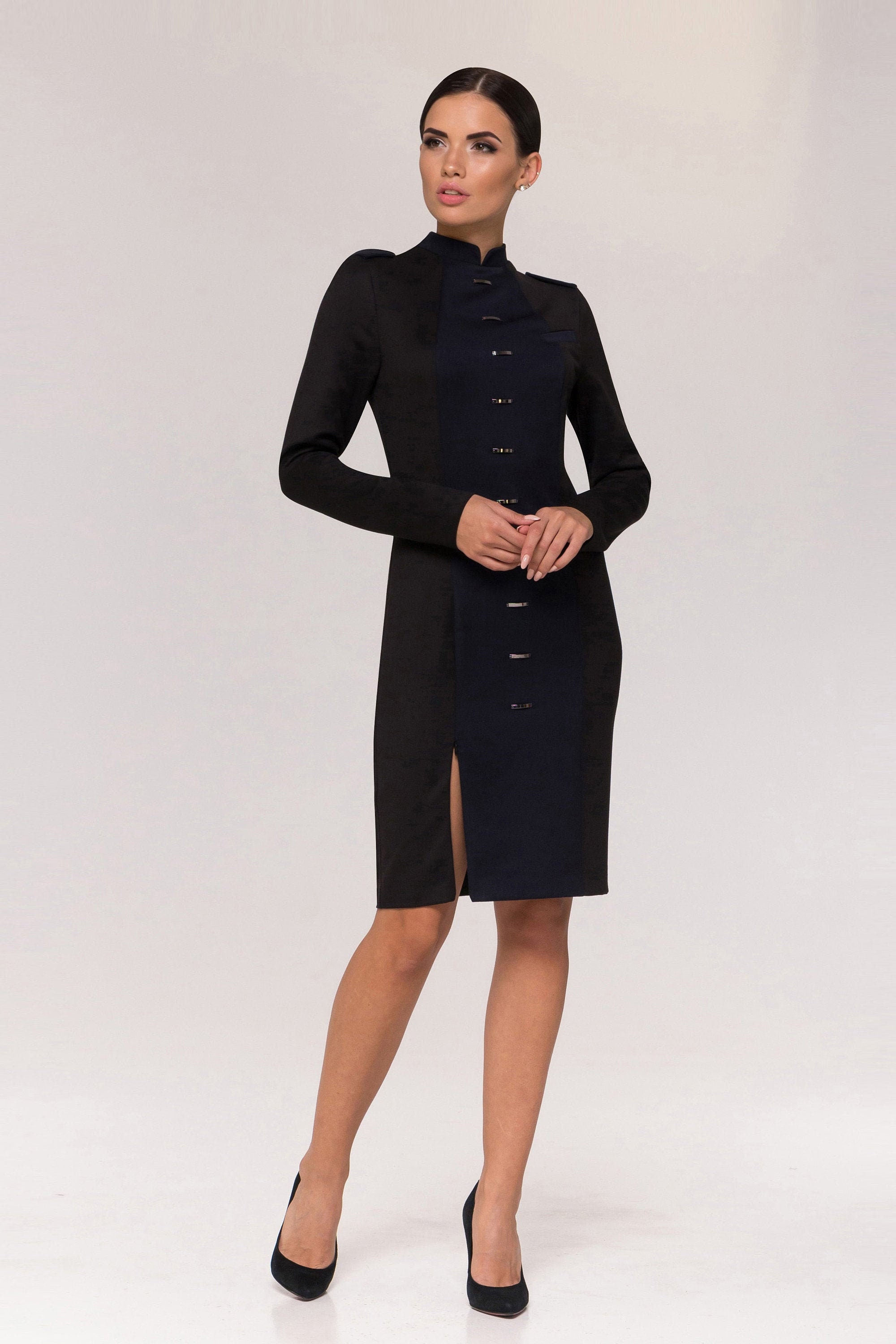Black High Neck Military Dress Midi Cheongsam Stand Collar Long Sleeve Cocktail Dress Work Business Front Slit Womens Work Dresses TAVROVSKA Etsy UK