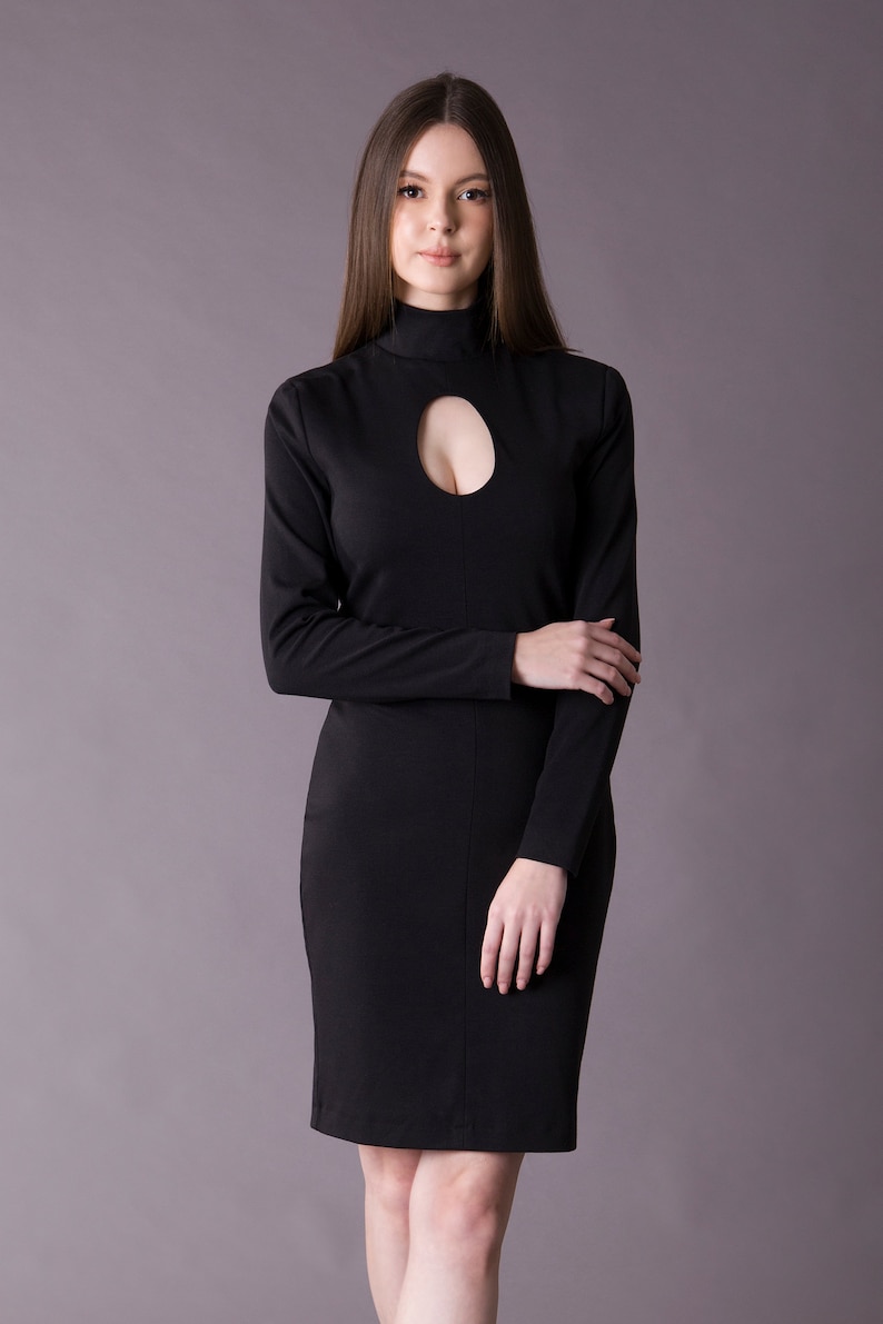 Black cut out turtleneck dress, Long sleeve bodycon mock neck dress, Open front Cut out midi dress, Going out dresses for women