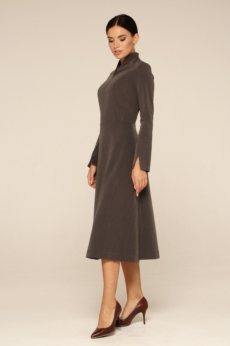 High Neck Long Sleeve Dress, Work dresses for women, Modest cocktail dress, Fit and flare dress mid calf, Business office dress