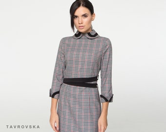 Plaid peter pan collar dress women, Pencil winter dresses for women, Wool collared Dress, Midi work high neck wiggle dress TAVROVSKA