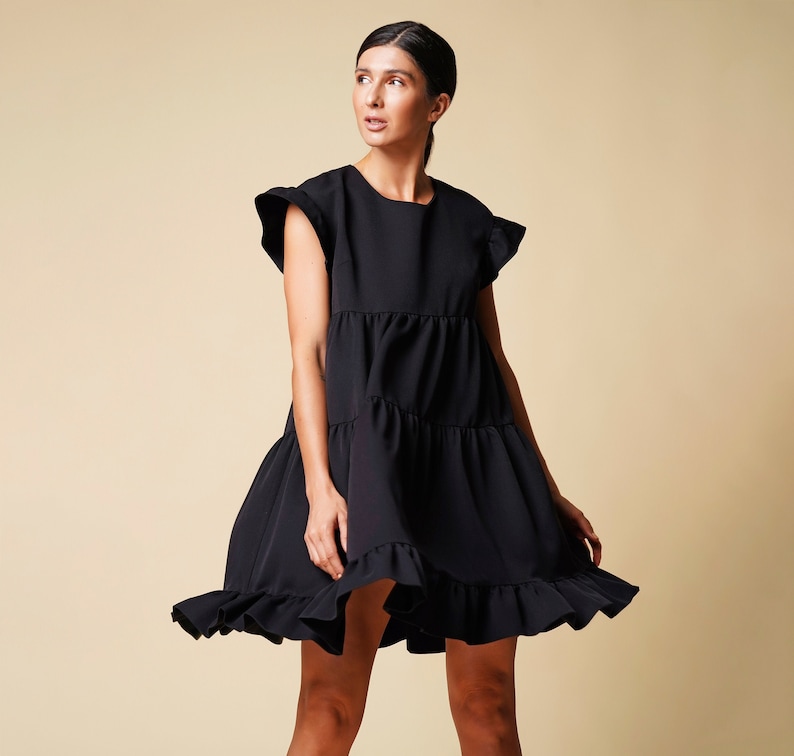 Ruffled loose dressed for women Simple wedding guest dress Black frilly dress Cocktail mini dress women Minimalist dress TAVROVSKA