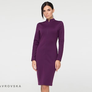 Mock turtleneck dress with zipper, Purple dress, Eggplant dress turtleneck, Women Zipper Front Bodycon Dress, Wear to work dress TAVROVSKA