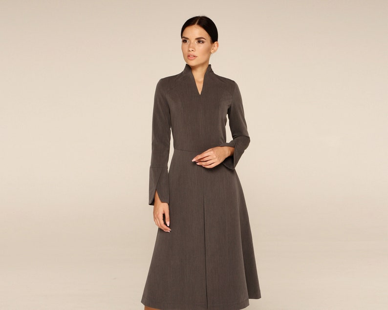 High Neck Long Sleeve Dress, Work dresses for women, Modest cocktail dress, Fit and flare dress mid calf, Business office dress