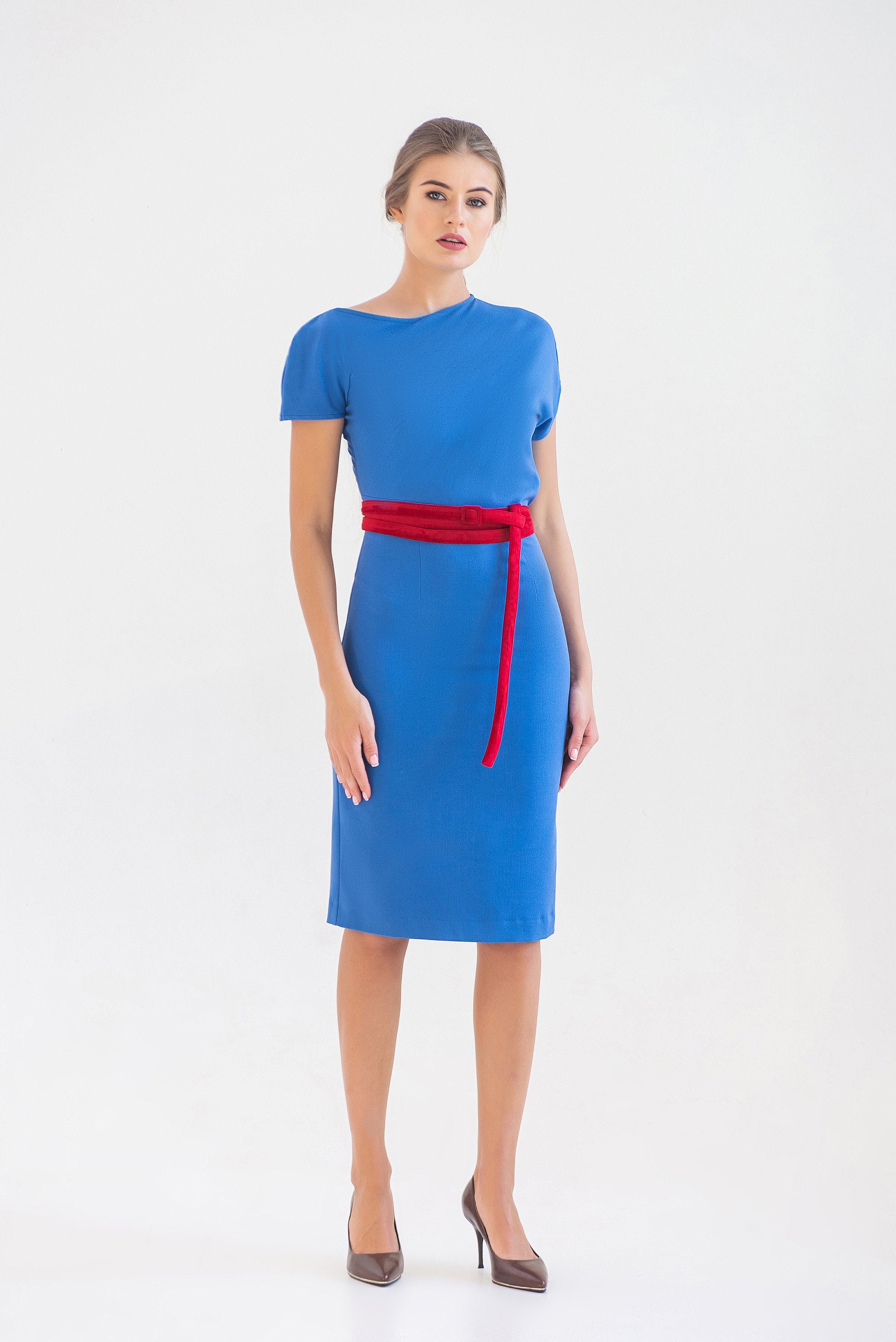 Asymmetrical Designer Blouson Pencil Dress Cobalt Blue Midi - Etsy