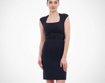 Robe noire à col carré, robe de cocktail crayon, robe d’invité de mariage, robes fourreau simples pour femmes, robe de bureau professionnelle TAVROVSKA