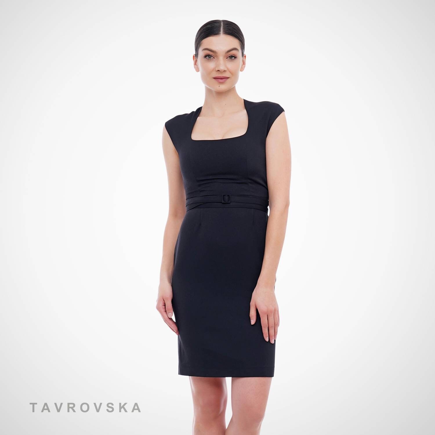 Black Pencil Dress, Square Neck Sheath, Cap Sleeves, Midi Length