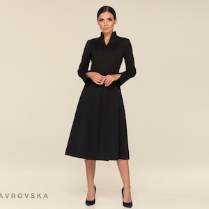 Cocktail long sleeve black women's dress, Fit and flare high neck work dress Stand collar black dresses for women Structured dress TAVROVSKA