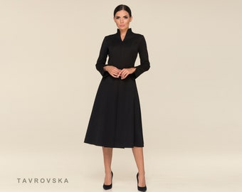 Cocktail long sleeve black women's dress, Fit and flare high neck work dress Stand collar black dresses for women Structured dress TAVROVSKA