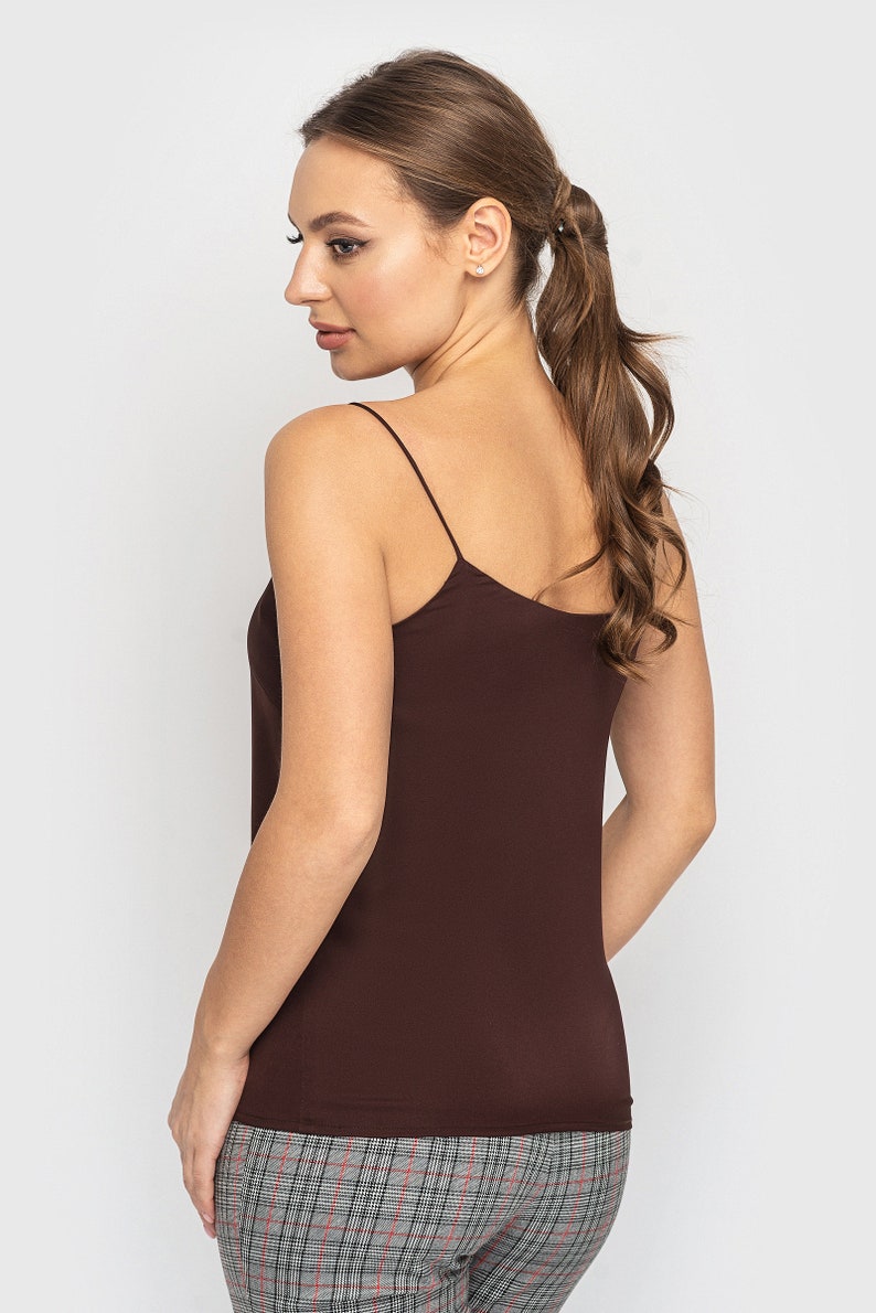 Camisole brown slip top, Silk satin tops for women, Bridesmaid Cami Spaghetti strap top, Cocktail tank top TAVROVSKA image 5